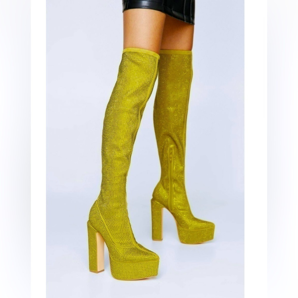 - Olive suede rhinestone crystals high knees boots